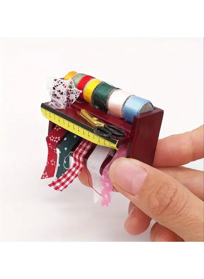Mahogany Miniature Dollhouse Sewing Tool Box With Scissors Ruler And Needle Holder - Image 3